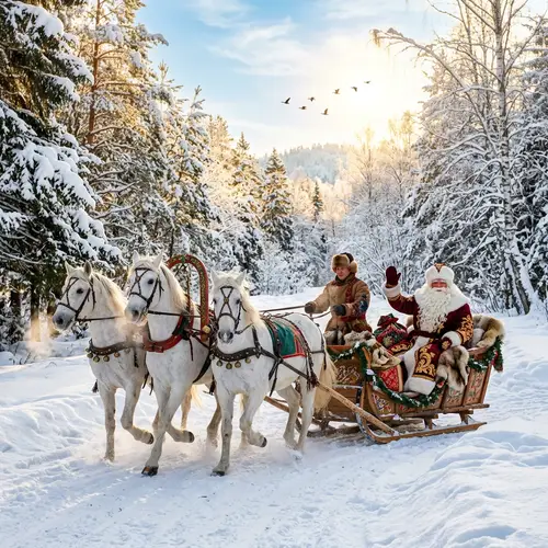 Winter Scene with Grandfather Frost on Sleigh and White Horses