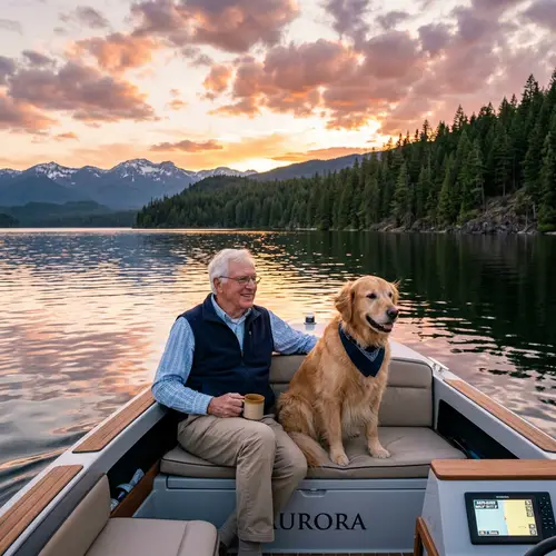 Elderly Man Boating with Golden Retriever at Sunset on Lake