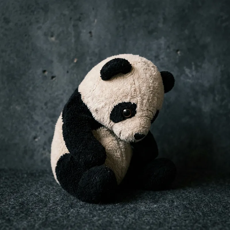 Sad Plush Panda Staring with One Eye on Gray Background