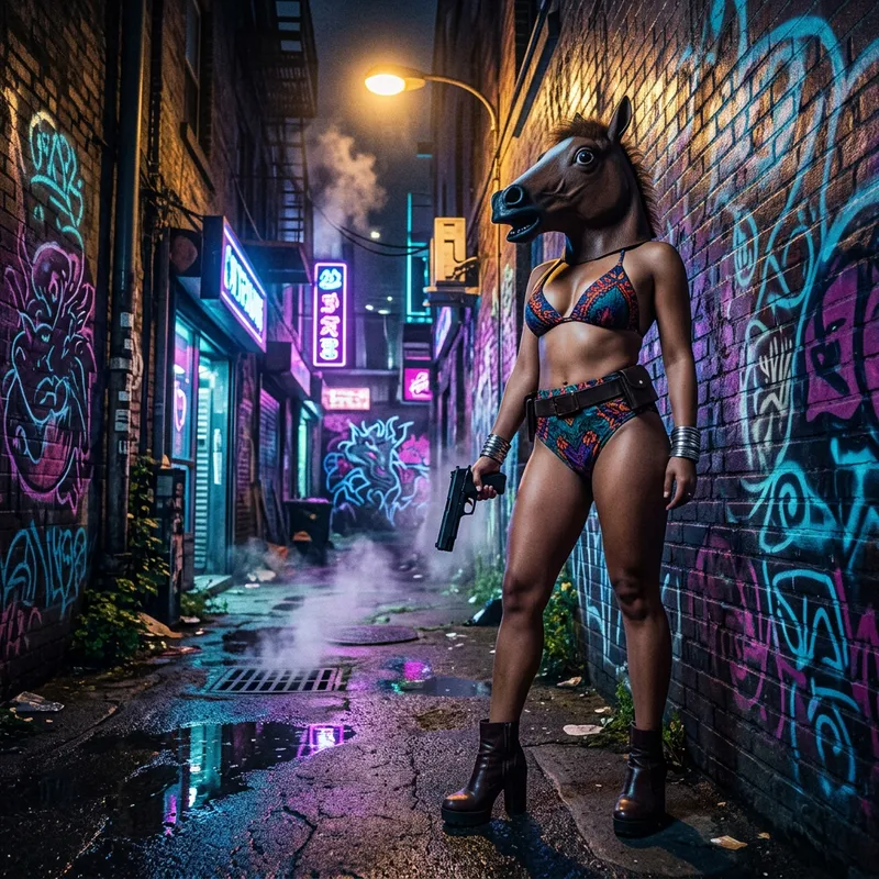 Hispanic Woman in Horse Mask: Urban Fantasy Scene with Firearm