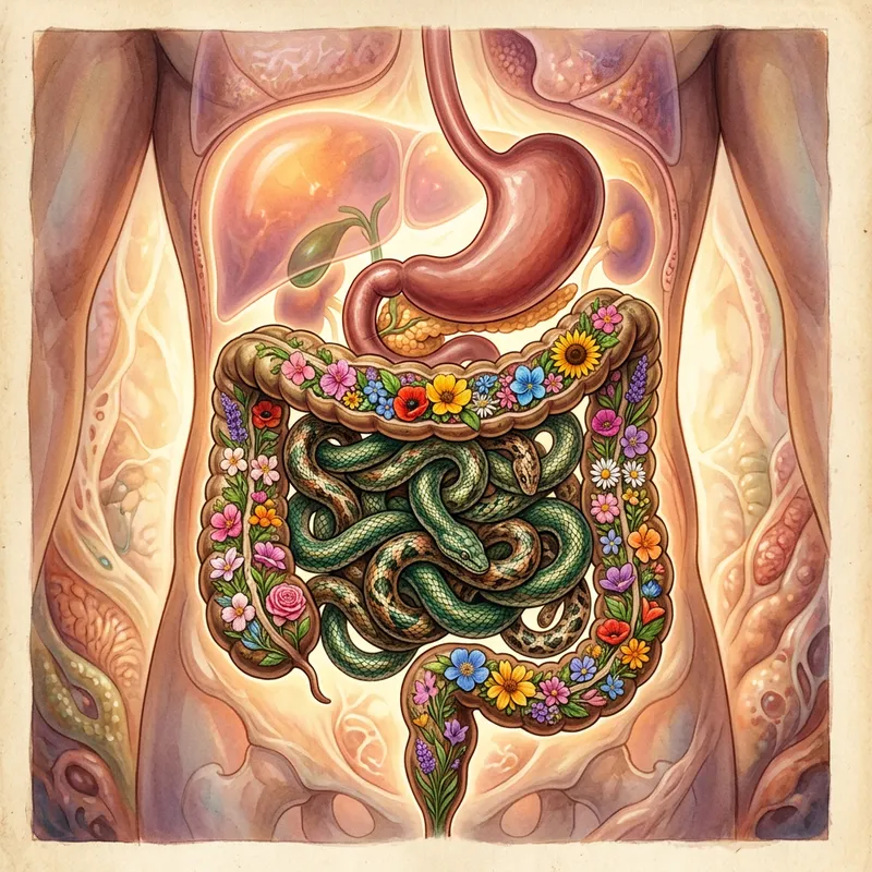 Whimsical Digestive System Art: Snake-like Small Intestine & Floral Large Intestine