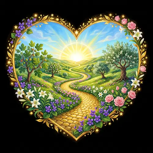 Curvy Path Heart Illustration with Vibrant Flowers