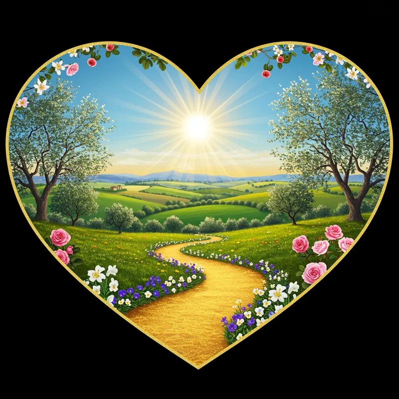 Curvy Path Heart Illustration with Vibrant Flowers Curvy Path Heart Illustration with Vibrant Flowers
