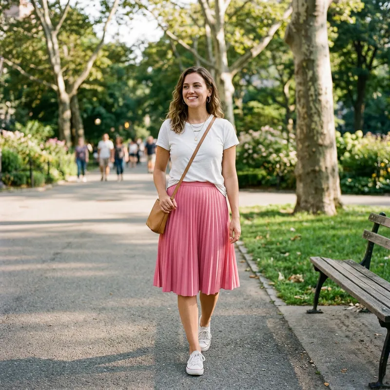 Woman in T-shirt and Pink Skirt Fashion