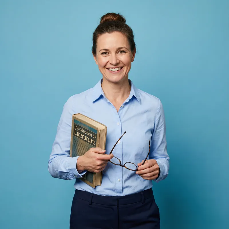 Professional Female Teacher | Bright Smile & Blue Background Professional Female Teacher | Bright Smile & Blue Background