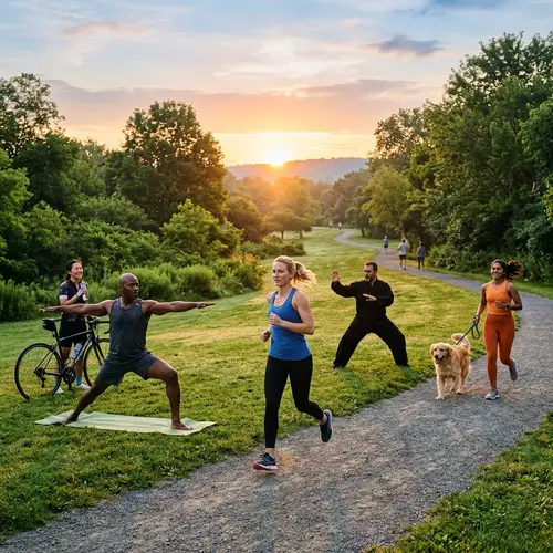 Diverse Group Engaging in Exercise at Sunrise in Lush Green Park