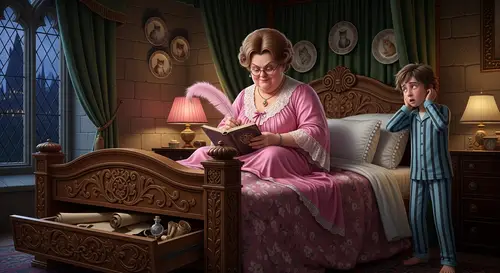 Dolores Umbridge Writing in Hogwarts Dormitory