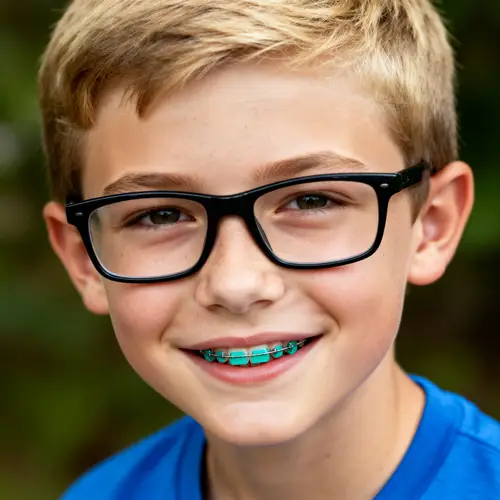 Blonde Boy with Glasses and Teal Braces - 12 Years Old