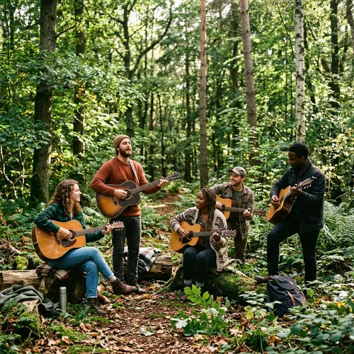 Acoustic Guitar Players in a Serene Forest