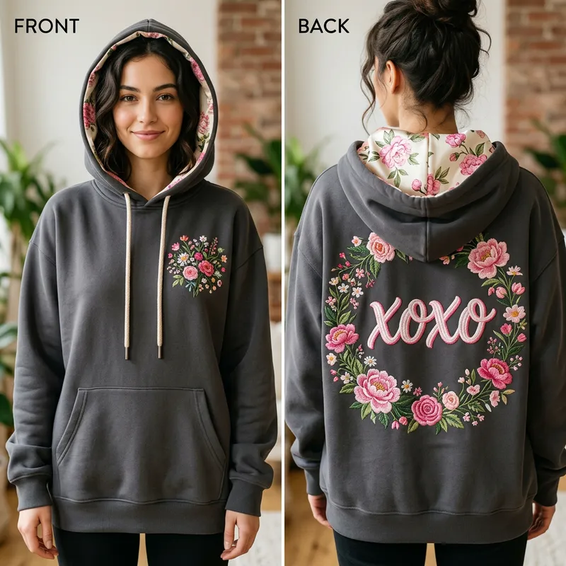 Trendy Floral Hoodie with Silk Fabric - XOXO Design Trendy Floral Hoodie with Silk Fabric - XOXO Design