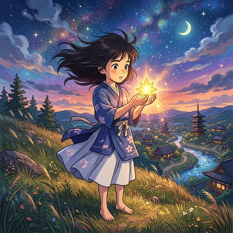 Anime Style Young Girl Holding Glowing Star Anime Style Young Girl Holding Glowing Star