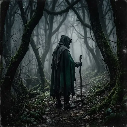 Mysterious Figure in Foggy Forest | Dark Charcoal & Emerald Green Art