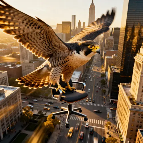 Majestic Falcon Soaring Over City with Chair