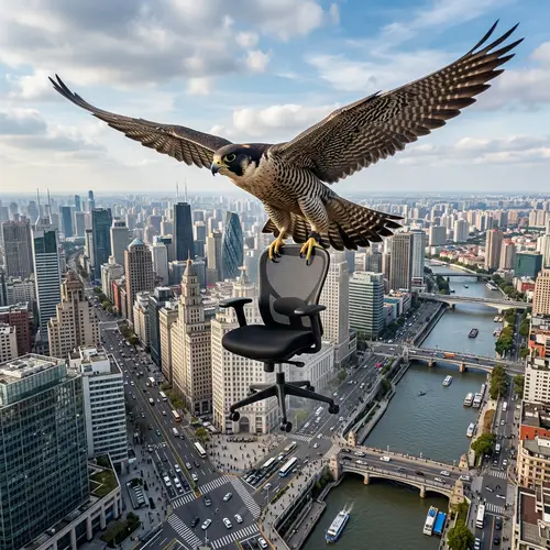 Majestic Falcon Soaring Over City with Chair