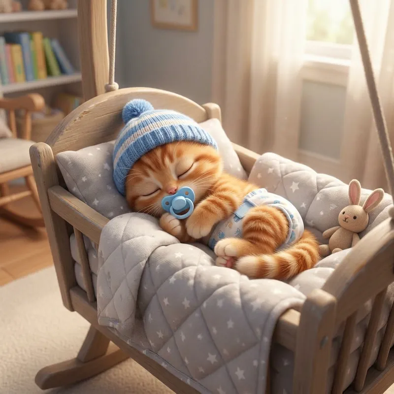 Cute Baby Kitten in Diapers and Pacifier Sleeping in Animated Baby Cradle Cute Baby Kitten in Diapers and Pacifier Sleeping in Animated Baby Cradle