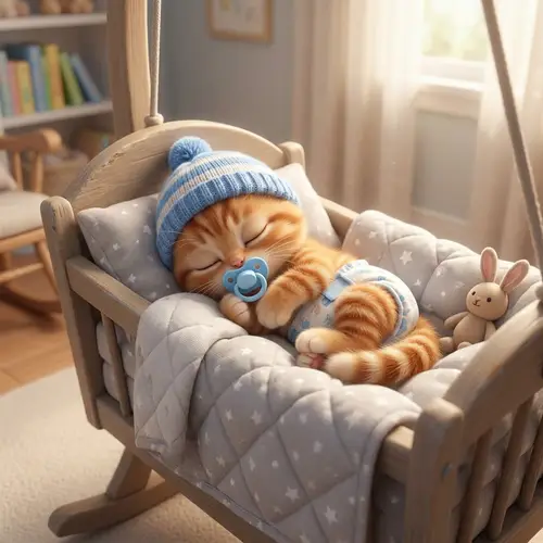 Adorable Animated Baby Kitten Sleeping Peacefully in Soft Cradle