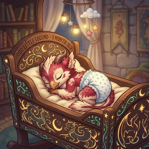 Adorable One-Month-Old Cartoon Dragon in Diapers Sleeping in Cradle