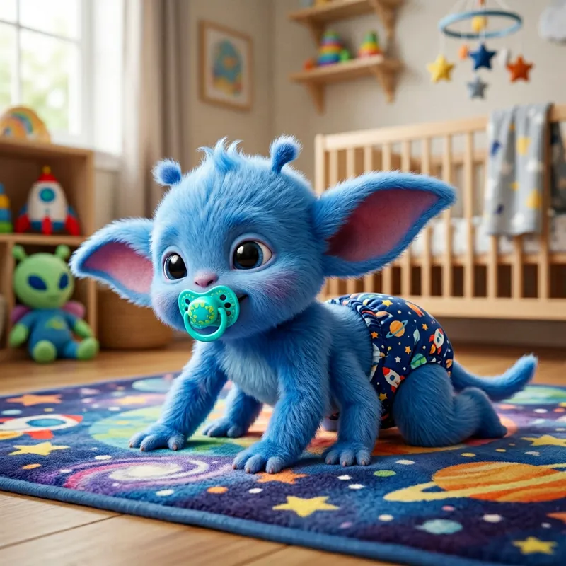 Cute One-Month-Old Experiment 626 in Stylish Diapers