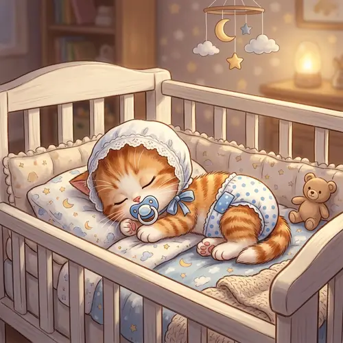 Adorable Baby Kitten Asleep in Crib with Pacifier - Cute Image
