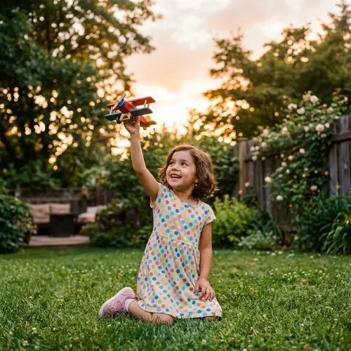 Hispanic Young Child Character in Colorful Dress Playing with Toy Airplane