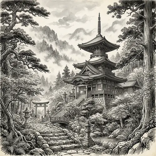 Serene Japanese Temple Illustration