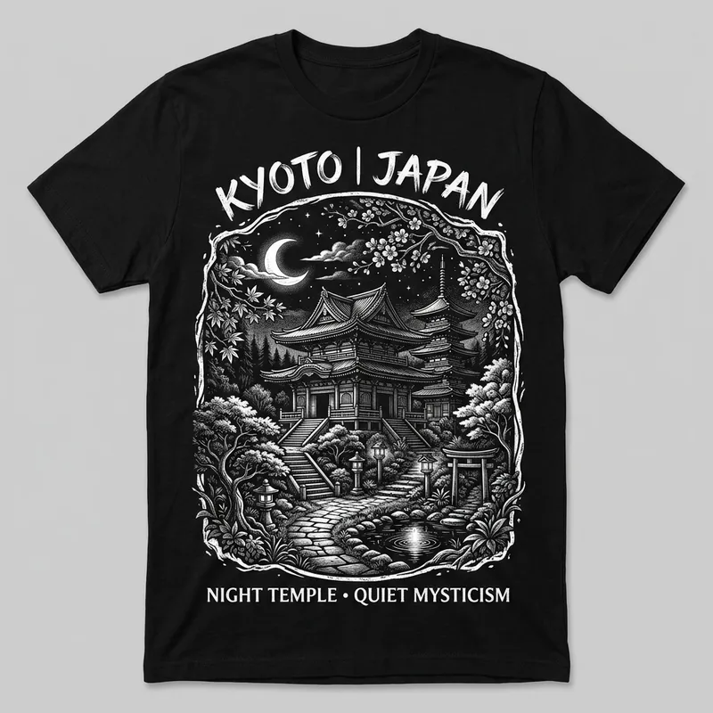 Mystic Japanese Temple Shirt Design - Peaceful Night Scene