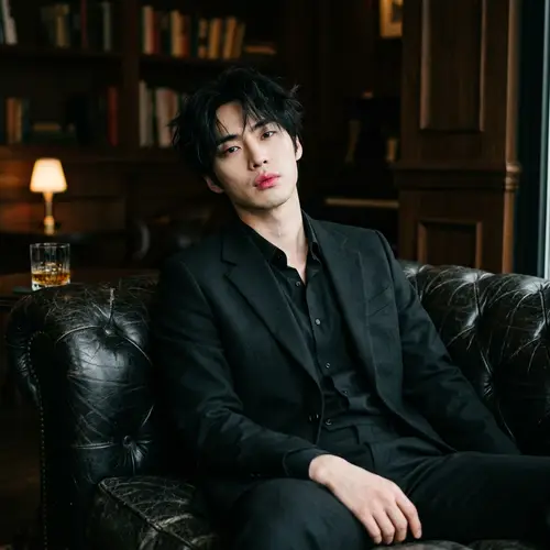Intense Photo of Korean Man on Plush Leather Sofa | Hwang Hyunjin Look