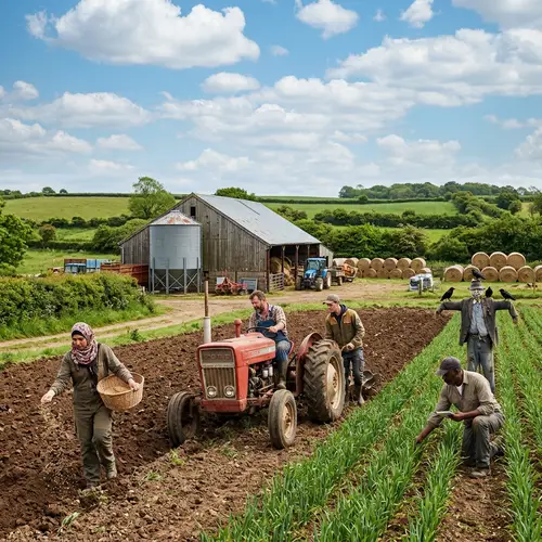 Bountiful Agriculture Scene with Farmers Tending Fields