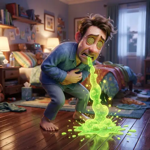 Comical 3D Cartoon Illustration of a Sick Man