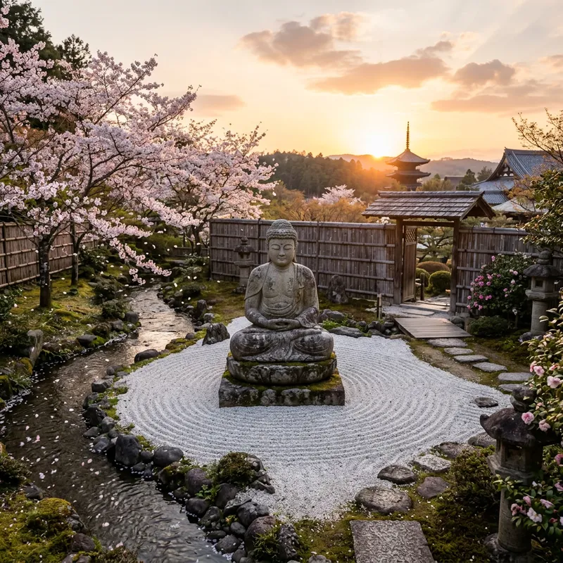 The Soul in Zen Garden: Tranquil Statue and Cherry Blossoms The Soul in Zen Garden: Tranquil Statue and Cherry Blossoms