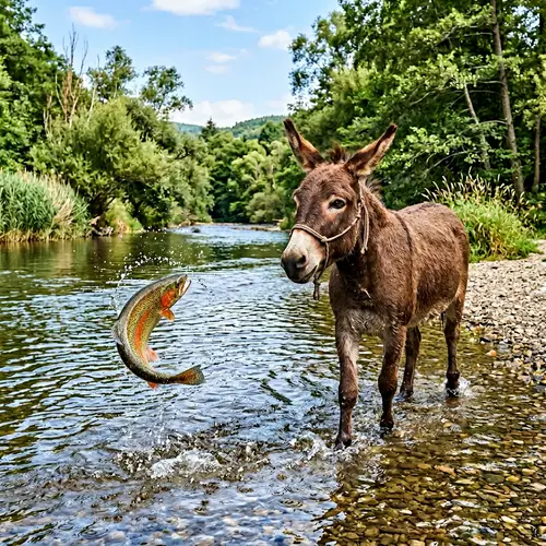 Tranquil Encounter: Donkey and Fish Playful Interaction in Water