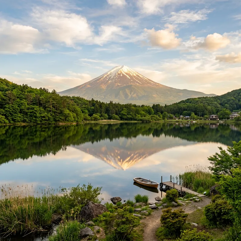 Tranquil Mount Fuji Scene with Majestic Lake View