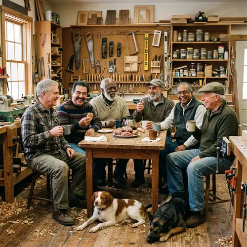 Diverse Group of Elderly Men Enjoying Coffee in Traditional Woodshop