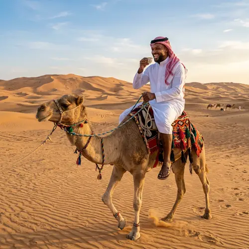 Messi in Saudi Attire Riding Camel with Saudi Coffee