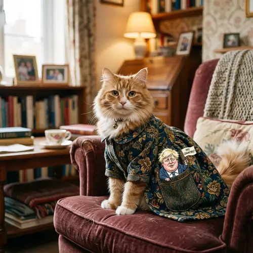 Cat in Dress with Trump Doll: A Whimsical Scene