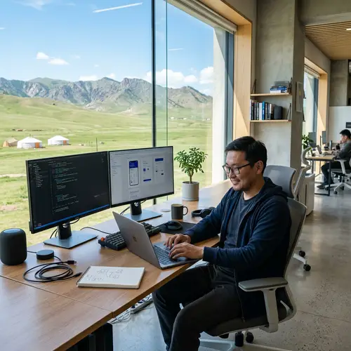 Male Mongolian Developer in Modern Tech Office with Nature View