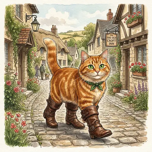 Sophisticated Cat in Brown Leather Boots - Artistic Illustration