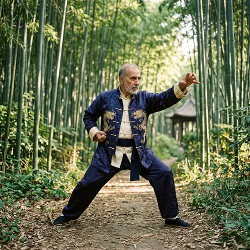 Masterful Middle-Eastern Kungfu Expert in Serene Bamboo Forest
