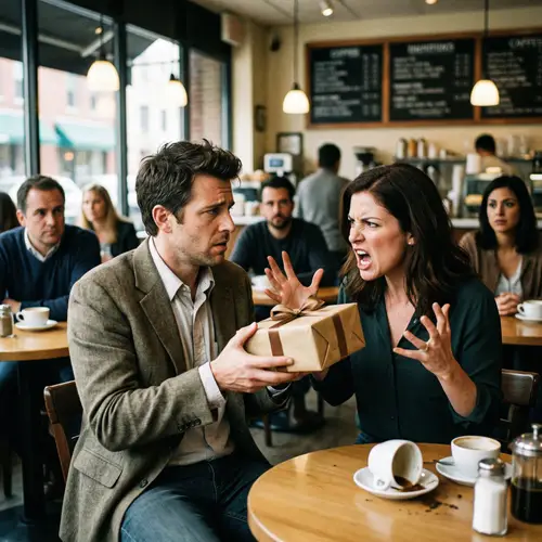 Man Presenting Gift to Angry Woman - Relationship Drama Unfolds