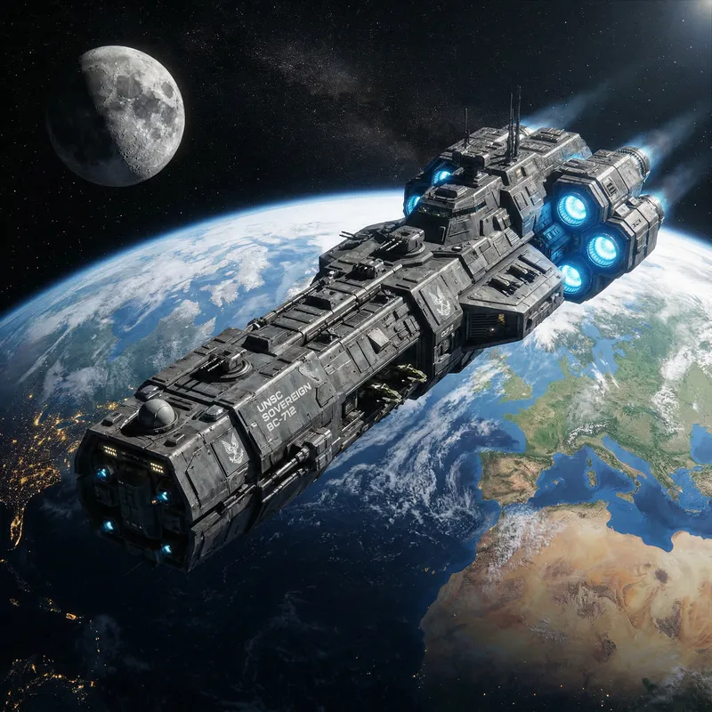 Futuristic Human Warship in High Orbit