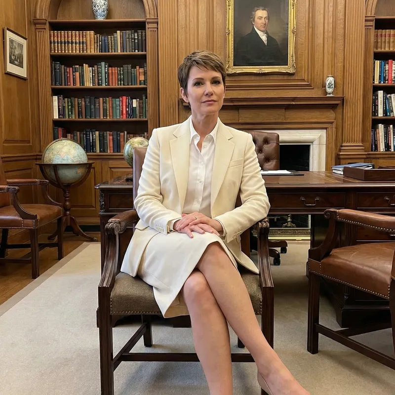 Stylish Woman with Pixie Hairstyle in Cream Office Attire