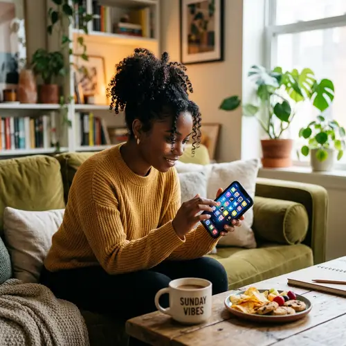 Young Black Woman Engrossed in Social Media | Modern Cozy Room