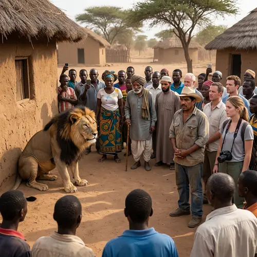 Majestic Lion Encountered by Diverse Village Crowd