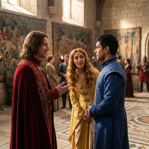 Medieval Court Conversation with Red, Blue, and Yellow Princes and Princess