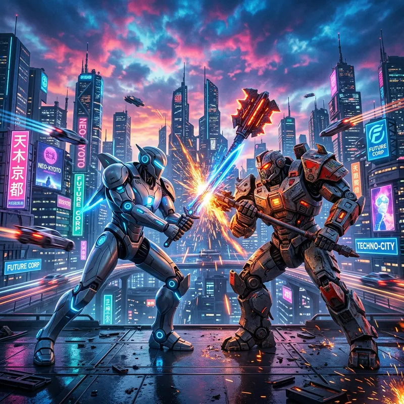 Robots Battling in a Futuristic Cyberpunk City