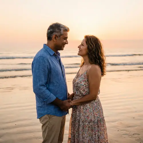 Serene Beach Sunset - Affectionate South Asian Man and Hispanic Wife