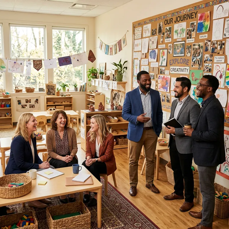 Joyful Teachers Gathering in Reggio Emilia Style Classroom