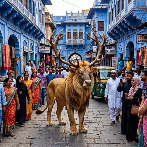 Majestic Lion-Bull Hybrid Creature in Jaipur Streets