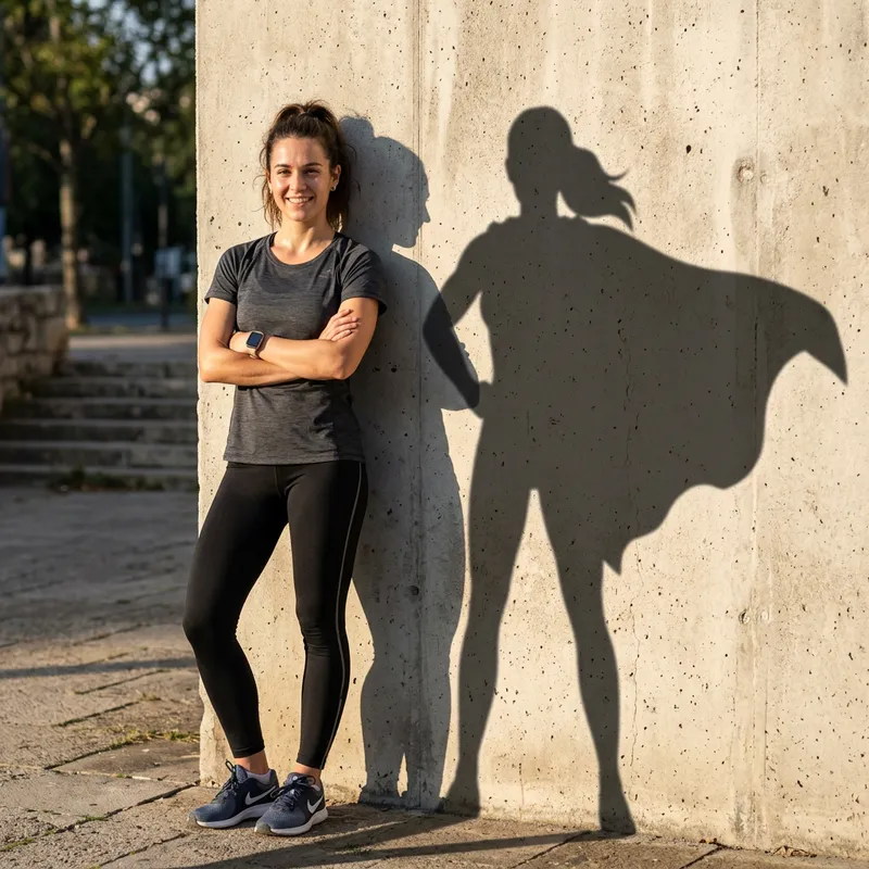 Sporty Woman Stands with Superman Shadow | Website Name