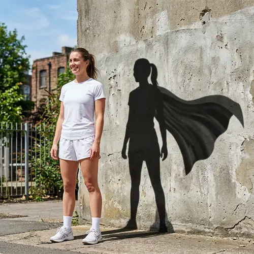 Caucasian Woman Sports Superhero Shadow Cape Wall